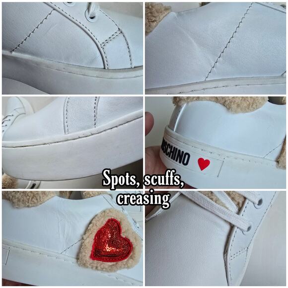 Love Moschino Sequin Heart Sneakers Size EU41 US 11 Shearling Trim White Leather - Picture 12 of 15